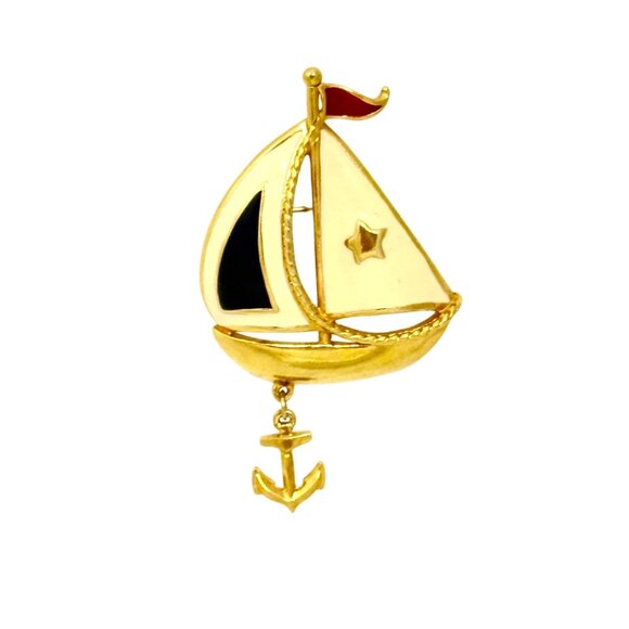 Vintage Avon Gold-Tone Sailboat Brooch Pin w/Dangle Anchor Nautical Jewelry - Picture 7 of 7